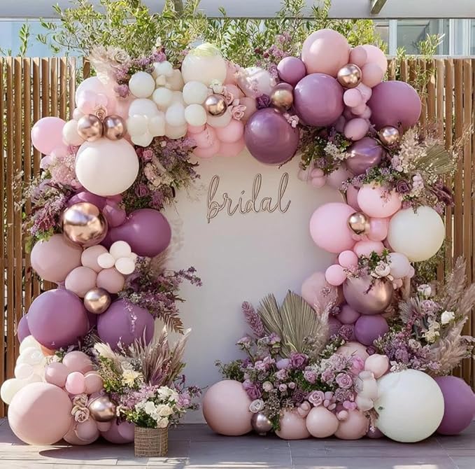 Dusty Purple Pink Balloon Garland Double Stuffed Boho Lavender Sand White Balloon Pastel Pink Lilac Gold Balloons Arch Kit for Wedding Birthday Bridal Baby Shower Floral Butterfly Party Decoration