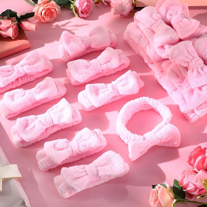 50 Pcs Pink Spa Headband Bulk Spa Sleepover Party Supplies for Washing Face with Removable Bow Makeup Elastic Bowknot Headbands for Women Gifts Soft Skincare Microfiber Hairbands(Pink Style)