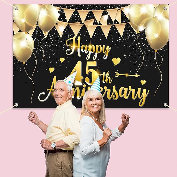 HAMIGAR 6x4ft Happy 45th Anniversary Banner Backdrop - 45 Wedding Anniversary Decorations Party Supplies - Black Gold