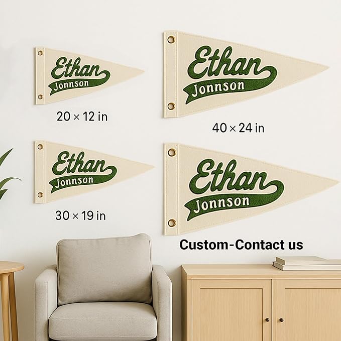 Custom Hand Embroidered Name Pennant Banner, Personalized Baby Name Canvas Pennant Flag for Kids Room Bedroom, Customized Nursery Name Sign for Boys & Girls, Baby Shower Birthday Party Gift