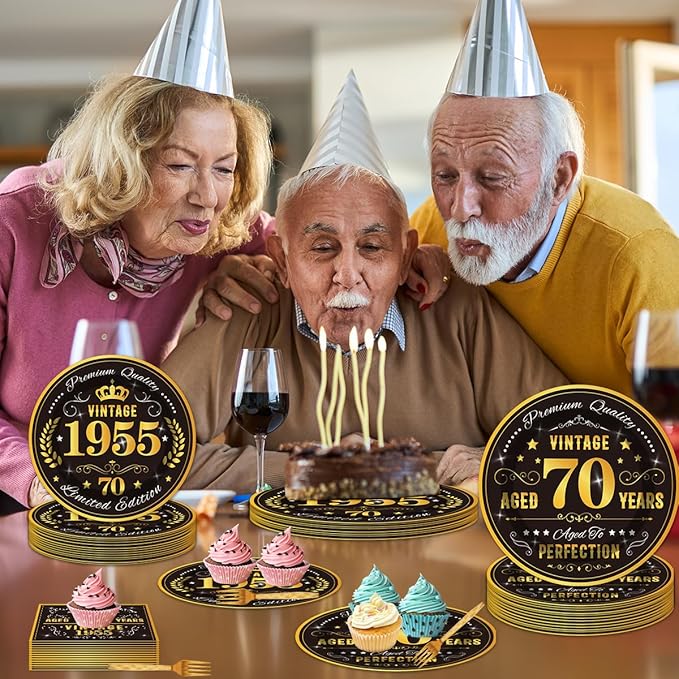 96PCS 70th Birthday Plates and Napkins Party Supplies 70th Birthday Decorations for Men 70th Anniversary Decorations Vintage 1955 Birthday Party Tableware Sets Serve 24 Guests