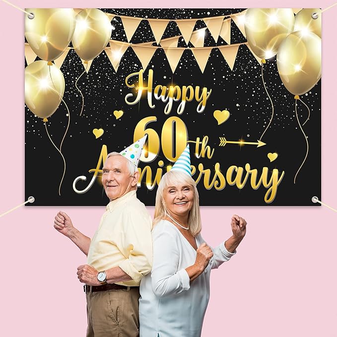 HAMIGAR 6x4ft Happy 60th Anniversary Banner Backdrop - 60 Wedding Anniversary Decorations Party Supplies - Black Gold