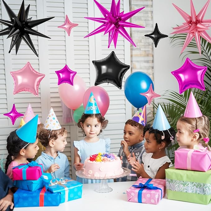 16 Pcs Black Hot Pink Star Balloons, 22/18/10 Inch Foil Balloons, Four-Pointed Balloon for Girl Mermaid Birthday Graduation Wedding Baby Shower Magic Party Decorations
