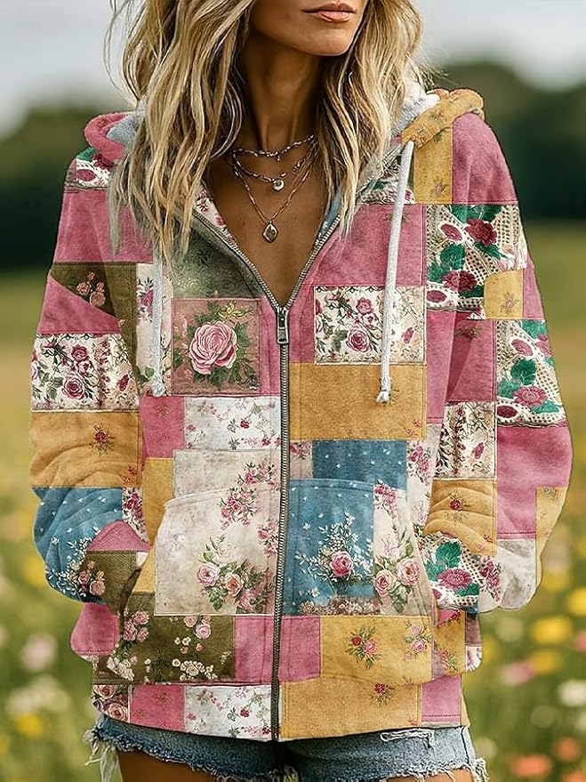 OSCORP Women’s Boho Patchwork Floral Embroidered Hoodie, Vintage Mixed Pullover Sweatshirt with Drawstring for Fall Winter