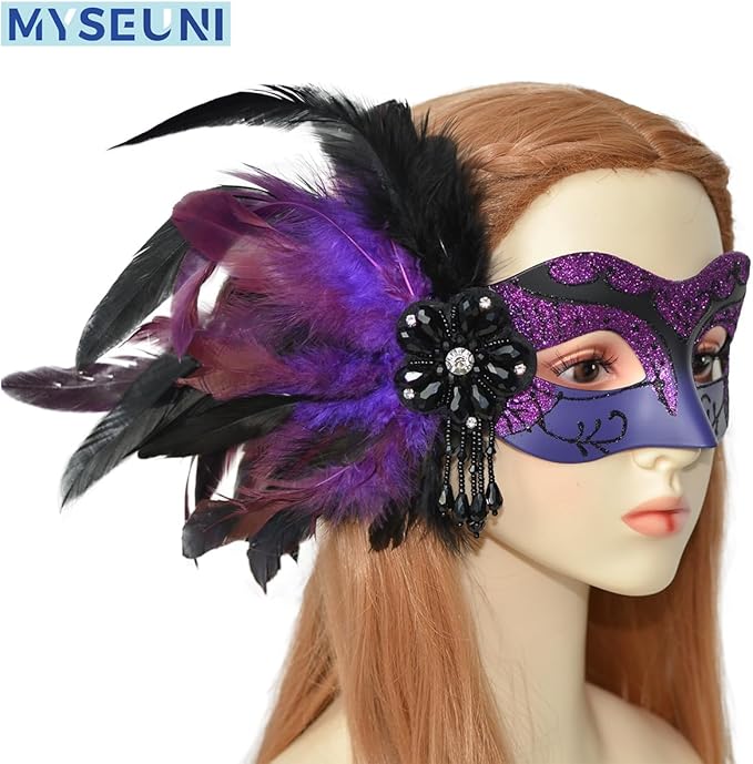 Masquerade Mask for Couple Purple - Feather Masquerade Masks & Venetian Mask for Mascarade Party, Mardi Gras, Halloween Cosplay Prom, Christmas