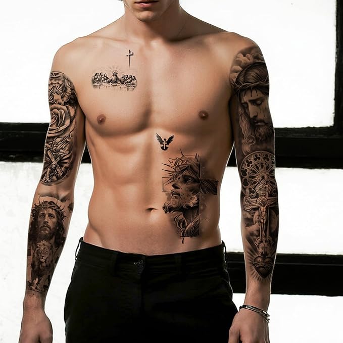 Yazhiji 48 Sheets Christian Full Arm Temporary Tattoos For Adult, Religious Jesus Christ Cross Angel God Half Arm Fake Tattoos, Christ Catholic Realistic Tiny Body Temporary Tattoos for Men Women Kids