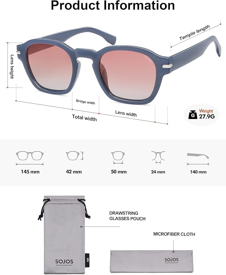 SOJOS Vintage Retro Square Polarized Sunglasses Men Standard Fit Trendy Womens Sun Glasses SJ2382