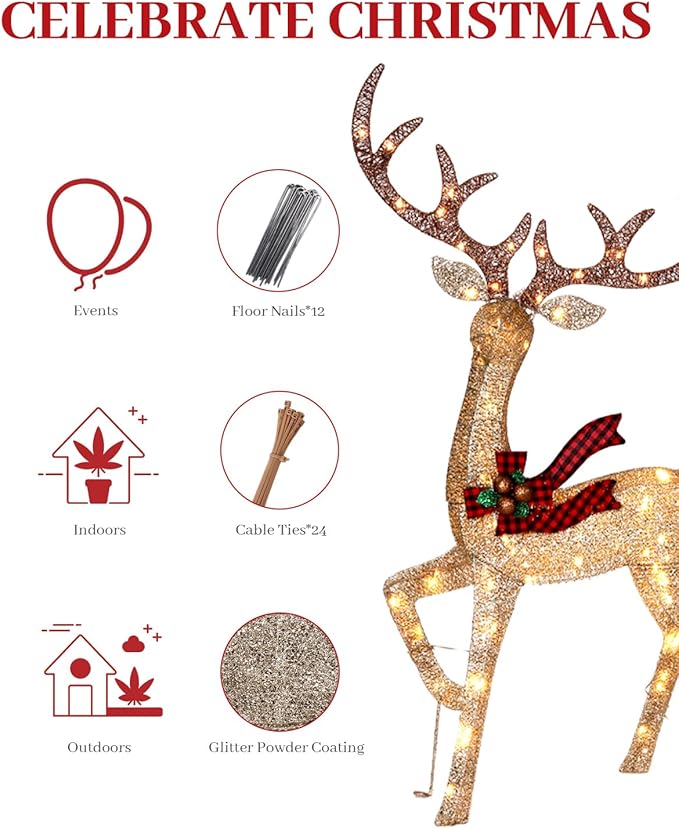 3-Piece Large Lighted Christmas Deer Family Set, Christmas Indoor and Outdoor Decoration with 225 Warm White LED Lights, Ground Pegs, Cable Ties. Suitable for Patio Lawn Garden Party-Champagne