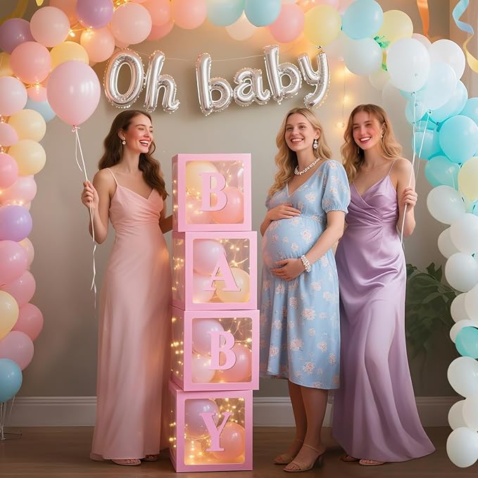 Ledido Baby Boxes with Letters for Baby Shower Decorations, 4 pcs Clear Balloon Boxes Blocks Decor with LED Fairy String Lights for Boy Girl Gender Reveal Decorations Backdrop Party (Pink)