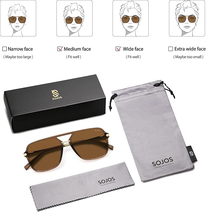 SOJOS Sunglasses for Women & Men, Square, Retro, Polarized Lens, Trendy Aviator, 90s Shades