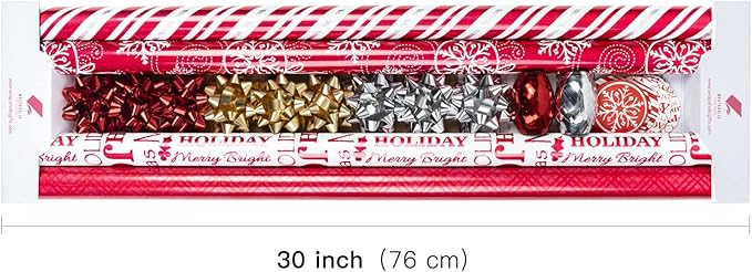 WRAPAHOLIC Christmas Wrapping Paper Set - Red and White Metallic Foil Shine Christmas Wrapping Paper Bundle with Gift Bow & Ribbon & Tag & Sticker
