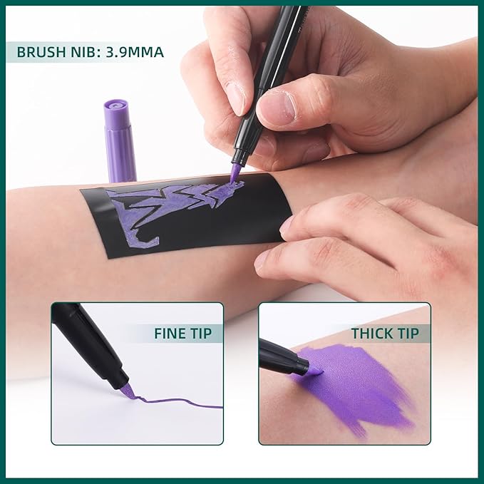 Temporary Tattoo Markers for Skin, 16-Count Body Markers+77 Large Tattoo Stencils of Assorted Colors for kids and Adults, Flexible Brush Tip, Bright colors, Skin-Safe*, Cosmetic-Grade.