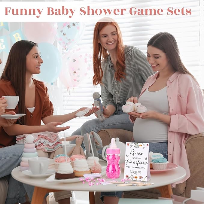 Roowest 512 Pcs Baby Shower Games Guess How Many Pacifiers Sign 100 Small Guessing Games 10 HB Pencils 750ml Milk Bottle 400 Acrylic Pacifiers Decoration for Guest Gender Reveal(Pink,Wild Flower)