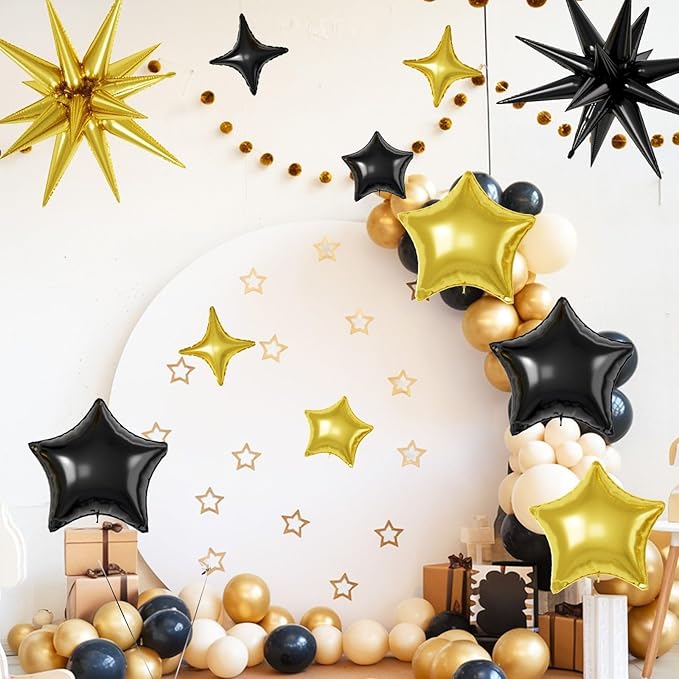 16 Pcs Black Gold Star Balloons, 22/18/10 Inch Foil Balloons, Four-Pointed Balloon for Kids Birthday Anniversary New Year Wedding Baby Shower Party Decorations