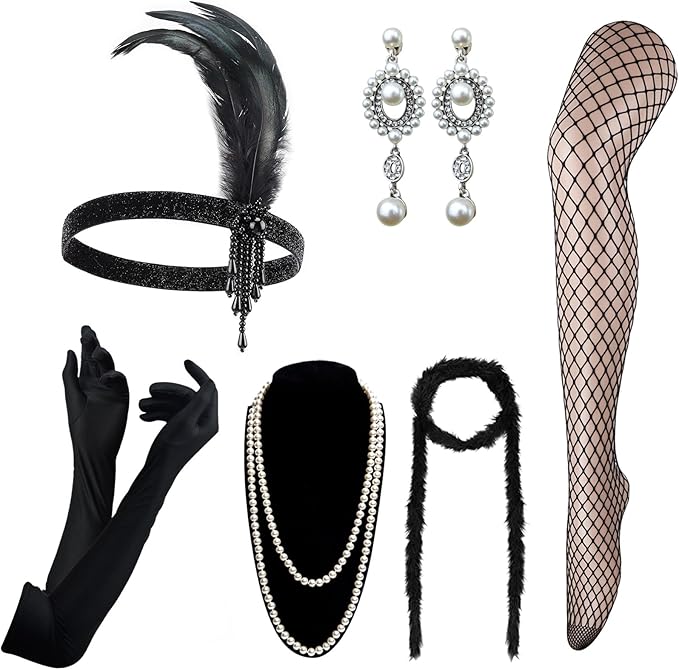 DRESHOW 1920s Great Gatsby Accessories for Women Flapper Headpiece Headband Gloves Costume Harlem Nights Accessories Set