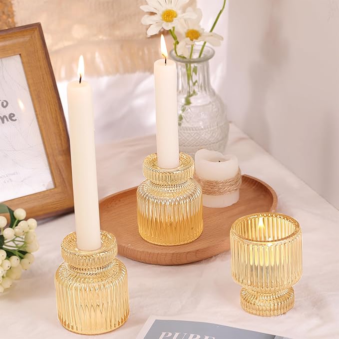 DARJEN 6 Pcs Gold Candlestick Holders - Glass Taper Candle Holders Tealight Votive Candle Holders for Table Centerpieces, Wedding, Dinner Party, Home, Gifts