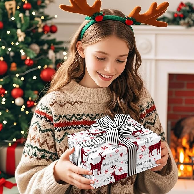 WRAPAHOLIC Reversible Christmas Wrapping Paper Roll - Mini Roll - 17 Inch x 33 Feet - Red White Reindeer and Snowflake Wrapping Paper for Christmas, Holiday, Party