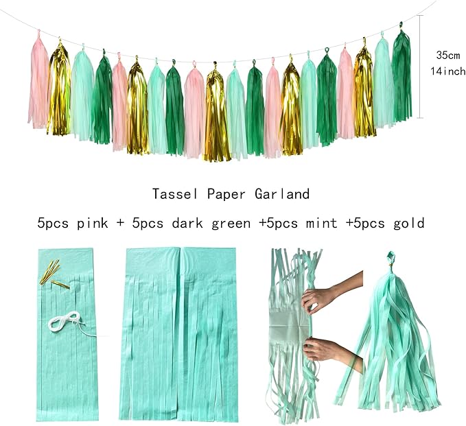 Sage-Green Pink Mint Gold Birthday Decorations - 31pcs Party Kits Happy Birthday Banner Flags,Tissue Paper Pom Poms,Circle Dots Garland,Tassel Streamers,40th 50th Women Men Birthday Decor Panduola