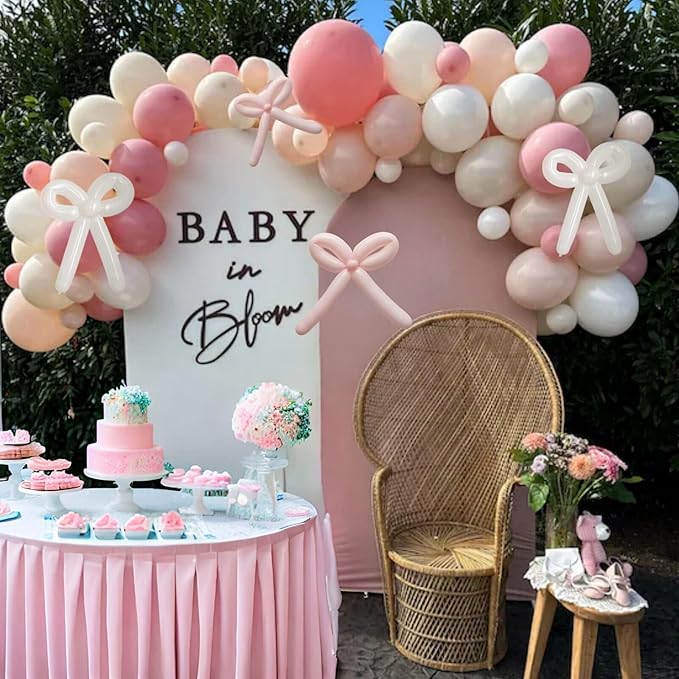 Pink and White Balloons Arch, Dusty Pink Bow Balloons Garland, Blush Beige Cream Latex Balloon, White Long Balloon as Bow Decor for Neutral Boho Birthday Party Baby Shower Bridal Wedding