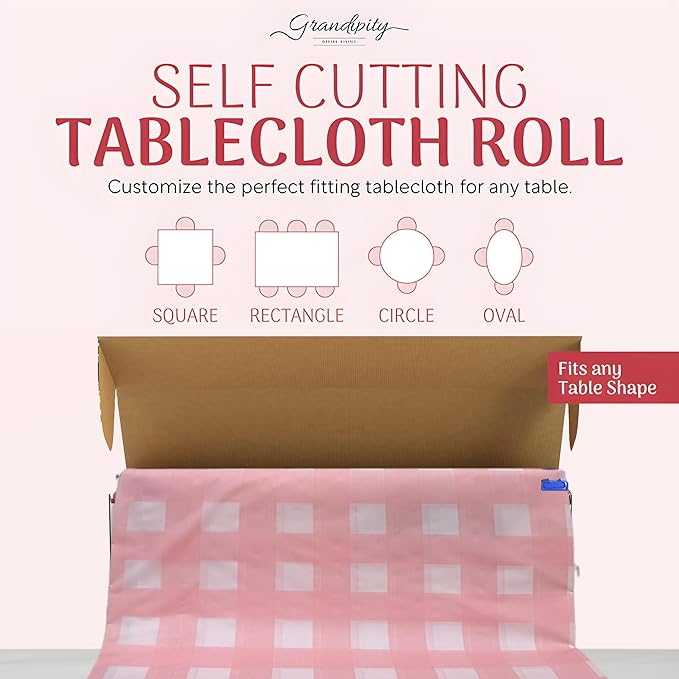 Grandipity Plastic Tablecloth Roll - 54in x 300 Ft. Pink Gingham Plastic Table Cloths for Parties Disposable with Cutter Box - Cut to Size Disposable Tablecloth Table Cover for Rectangle & Round