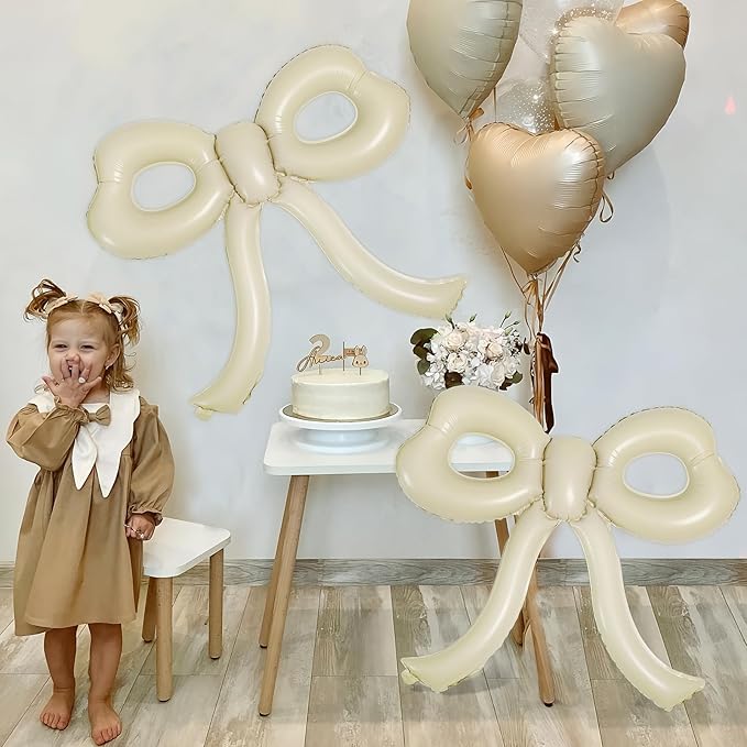 4 Pcs Bow Birthday Decorations Cream Bow Balloons for Girl Women Bow Themed Party Decorations Giant Foil Beige Balloons for Birthday Baby Shower Gender Reveal Wedding Decor Party Supplies