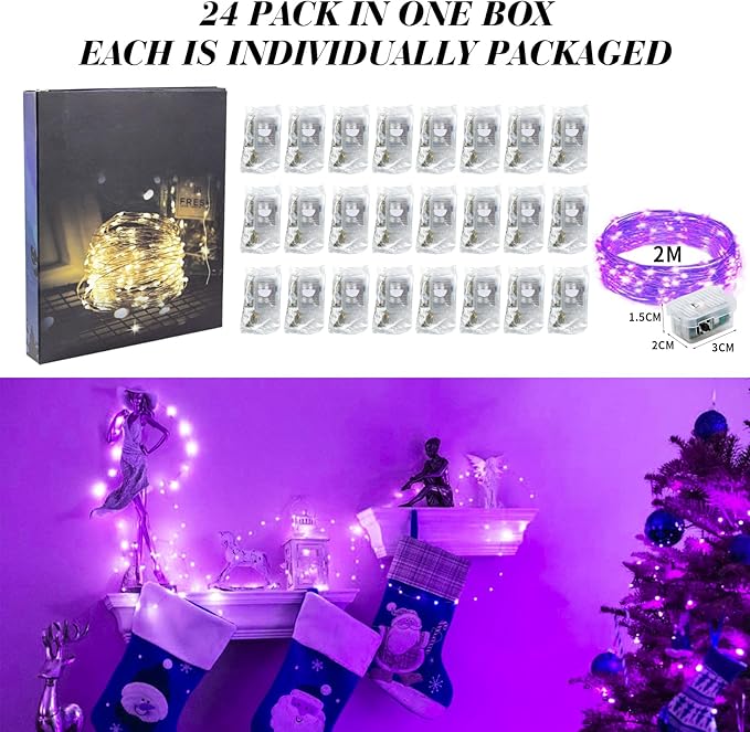 ZGWJ 24 Pack Fairy Lights Battery Operated, 7ft 20 Mini LED Fairy String Lights Silver Wire 3 Modes for DIY, Parties, Wedding, Bedroom, Halloween Christmas Decoration Purple