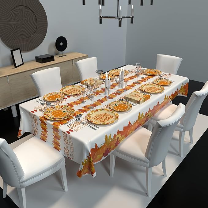 ATFUNSHOP Thanksgiving Tablecloth 2 Pack 54" X 108" Disposable Fall Table Cover Party Supplies Pumpkins Turkey Water Proof Plastic Table Cloth for Thanksgiving Decoration Dinner Party
