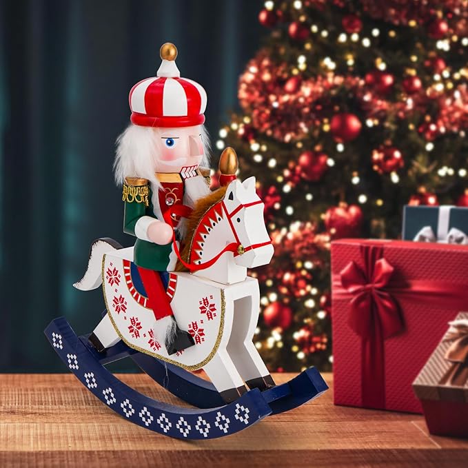 11" Wooden Rocking Horse Soldier Nutcracker, Festive Christmas Decoration, Handcrafted Nutcracker Collectible Christmas Decor for Tabletop, Shelves, and Fireplace Mantel