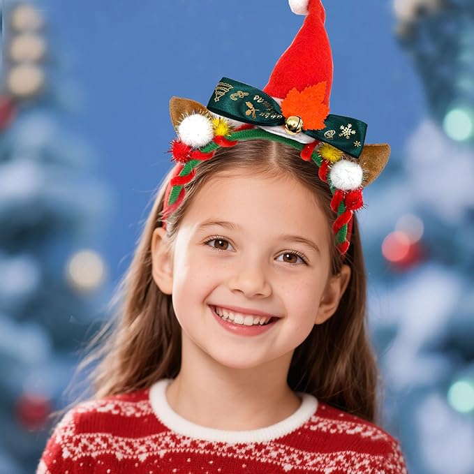 Christmas Unicorn Headband with Santa Hat Horn, Green Bow & Gold Bells - Festive Xmas Party Hair Accessories for Women, Christmas Cosplay Hairband,Holiday Festival Gift Supplies