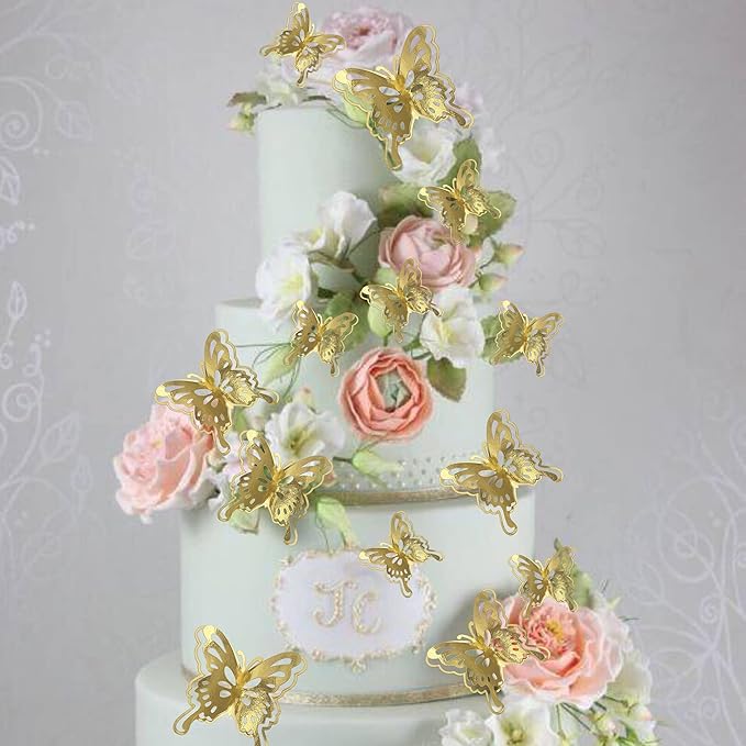 40 PCS Gold Lively 3D Butterfly Cupcake Toppers Mixed Size Hollow Art Butterfly Cupcake Topper Baby Shower Wedding Anniversary Birthday Party Cake Wall Decorations Supplies