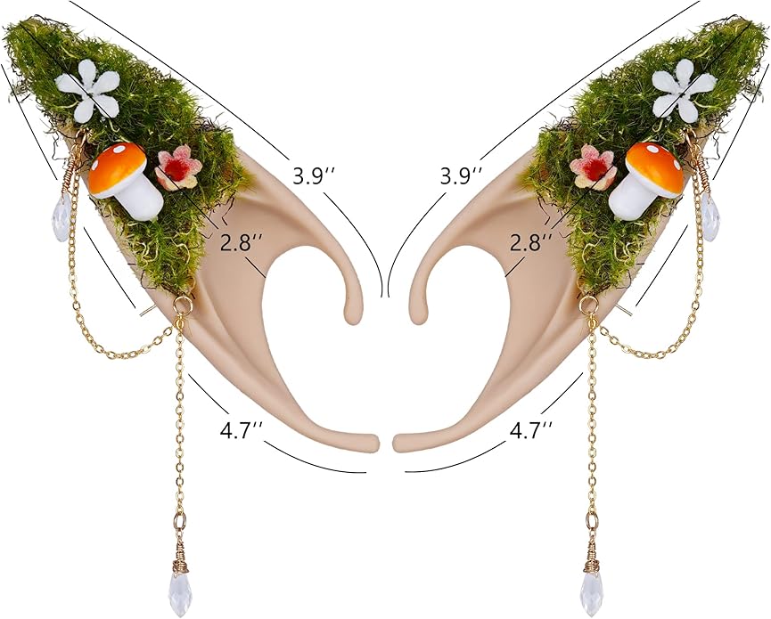 FRESHME Forest Mushroom Elf Ears, Soft Fairy Ears with Mushroom Moss and Flower Elven Ear Cuffs Halloween Renaissance Cosplay