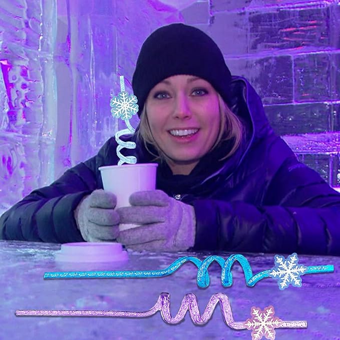 24Pcs Glitter Reusable Frozen Plastic Straws Drinking Straws, 4 Snowflake Shape & 4 Colors, Frozen Party Decoration Birthday Party Supplies