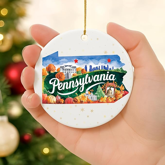 USA State Landmark Ceramic Ornament β Round Glossy Christmas Decoration Featuring U.S. State Art, Landmarks & Holiday Scenery β Collectible Travel Souvenir Ornament Series (Pennsylvania)