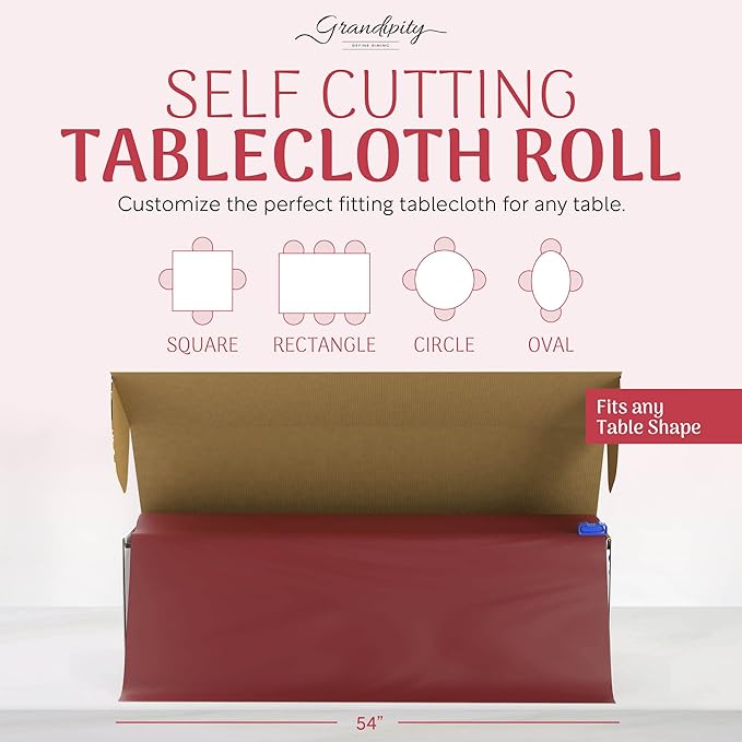 Grandipity Plastic Rectangular Tablecloth Roll, 54x100' Burgundy, Disposable with Cutter Box, Wrinkle-Resistant, Waterproof, for Parties & Events