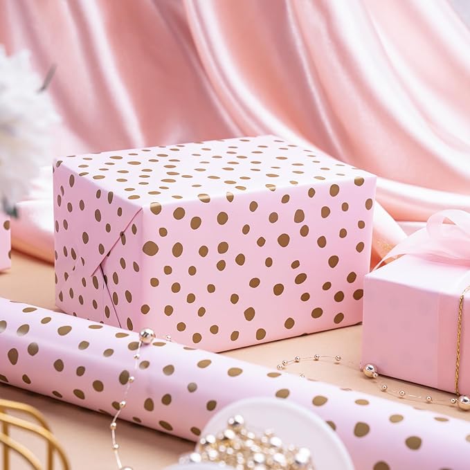 WRAPAHOLIC Reversible Wrapping Paper - Mini Roll - 17 Inch x 33 Feet - Pink Print and Gold Delicate Polka Dots Design for Birthday, Holiday, Wedding, Baby Shower