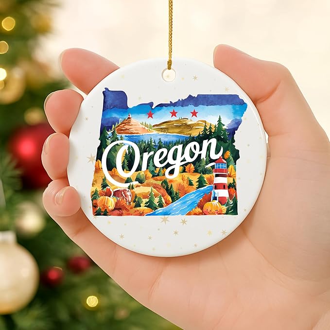 USA State Landmark Ceramic Ornament β Round Glossy Christmas Decoration Featuring U.S. State Art, Landmarks & Holiday Scenery β Collectible Travel Souvenir Ornament Series (Oregon)