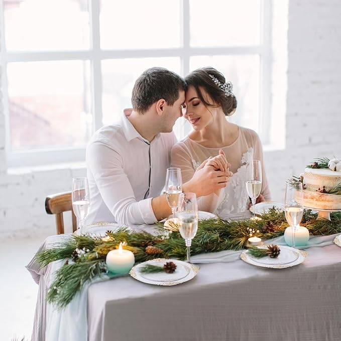 125PCS White and Gold Plastic Plates - Gold Disposable Plates with Plastic Silverware - Vintage Disposable Dinnerware Set for 25 Guests for Christmas Parties, Thanksgiving