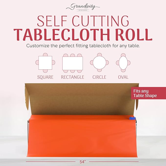 Grandipity Plastic Tablecloth Roll - 54in x 100 Ft. Orange Plastic Table Cloths for Parties Disposable with Cutter Box - Cut to Size Disposable Tablecloth Table Cover for Rectangle & Round