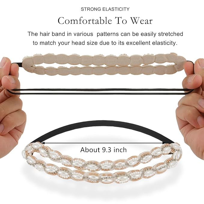 AMCAMI 5 Pcs Beaded Headband, Crystal Sparkly Hairbands for Women, Elastic Headbands with Pearls & Rhinestones, Hair Accessories for Women & Girls