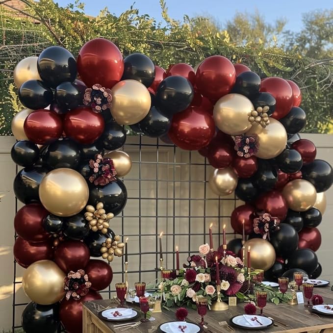 Burgundy Black Gold Balloon Garland Double Stuffed Dark Red Gold Maroon Black Balloon Arch Kit for Christmas New Year Birthday Anniversary Prom Party Decoration