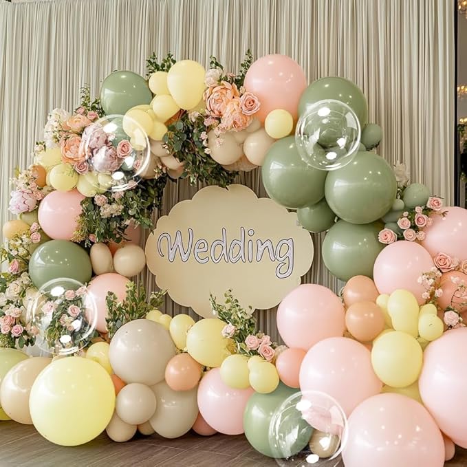 Pastel Green Pink Balloon Arch Kit Double Stuffed Dusty Sage Green Pink Yellow White Sand Balloon Garland Beige Cream Balloons for Baby Bridal Shower Birthday Wedding Fairy Flower Tea Party Decor