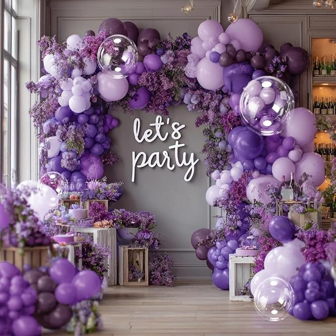 Purple Balloon Arch Garland Kit With Clear Balloons, Double Stuffed Lavender Purple Lilac Balloons for Birthday Wedding Butterfly Baby Shower Fairy Floral Flower Party Decorations