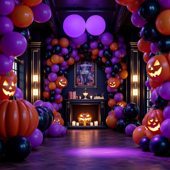 Orange and Black Balloons with Ribbons, 12-Inch Halloween Party Orange Purple and Black Latex Balloons for Halloween Party Decorations, Perfect for Spooky Party Decor