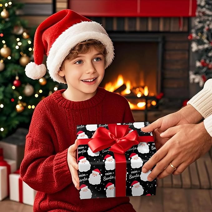 WRAPAHOLIC 30 Inch Jumbo Reversible Vintage Christmas Wrapping Paper - 30 Inch x 100 Feet Jumbo Roll Black Jolly Santa Wrapping Paper and Red Merry Christmas Design with Metallic Foil Shine for Holiday, Party