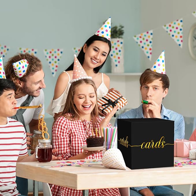 1 Pack Black and Gold Card Box for Party, 8.7" Black Gift Card Box for Birthday, Wedding, Baby Shower, Retirement, Anniversary, Bridal Shower, Graduation, Raffle Ticket