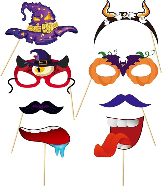 30 Pcs Halloween Photo Booth Props,Pumpkin Ghost Skull Mask Witch Hat Party Decoration Supplies,Halloween Selfie Dress-up Props Decoration