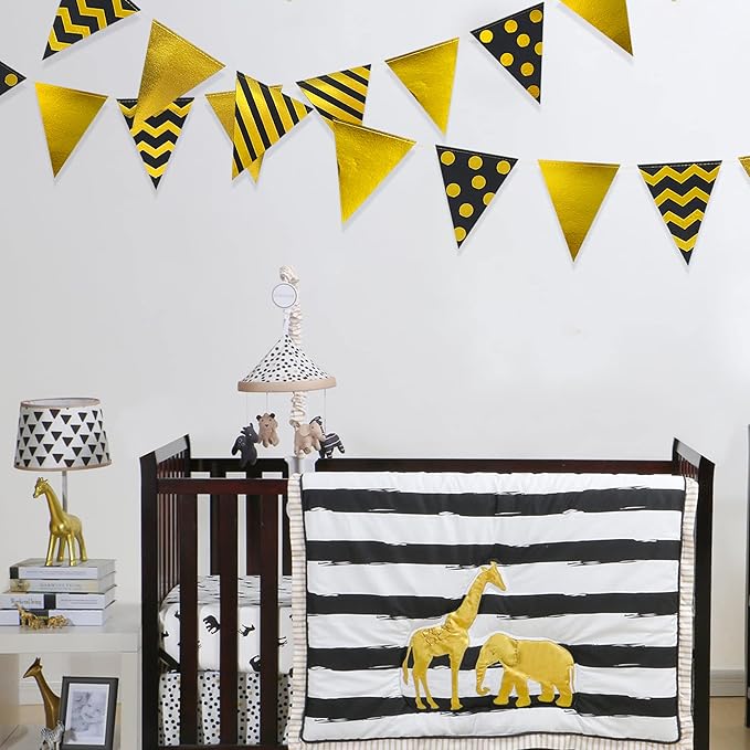39 Ft Black Gold Triangle Pennant Banner Metallic Foil Polka Dot Stripe Paper Flag Bunting Garland Streamer for Birthday Anniversary Graduation Wedding Bridal Shower Party Decorations Supplies