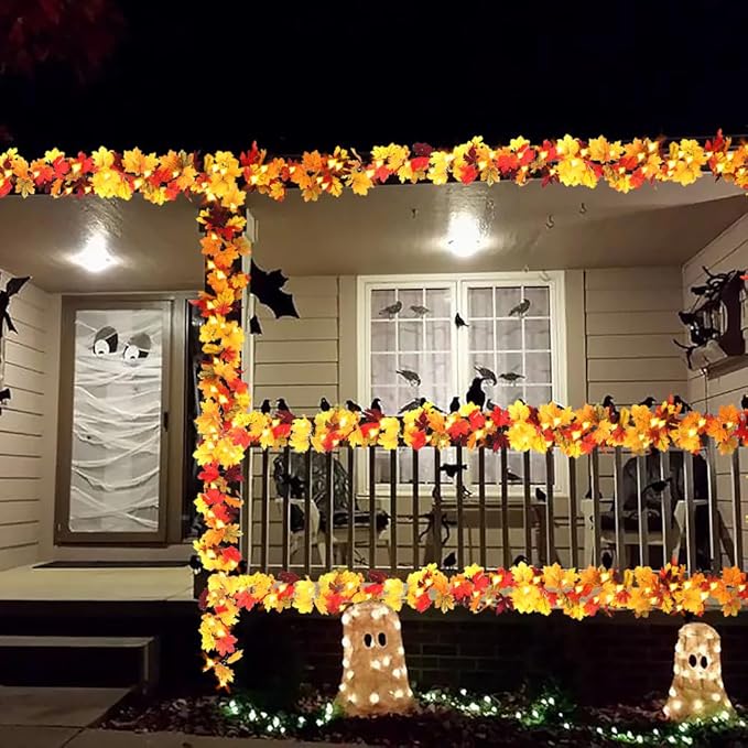 AKIT Fall Decor Lighted Fall Garland 45 LED Outdoor String Lights Waterproof with Timer - Thanksgiving Fall Decorations for Home Halloween Garland for Mantle Indoor