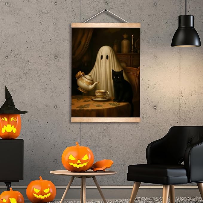 Rustic Ghost and Black Cat Wall Art 18.5x14 Inch,Fun Ghost Linen Canvas Wall Hanging Poster Decor, Retro Gothic Haunted House Theme Wall Poster for Library Reading Corner,Halloween Decorations (BLK04)