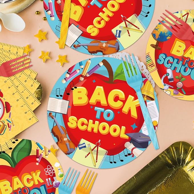 96 Pcs Back to School Decoration Disposable Tableware Set - Cartoon Back to School Apples Pencils Clock Paper Plates Napkins Forks First Day of School Theme Party Supplies Serve 24 Guests